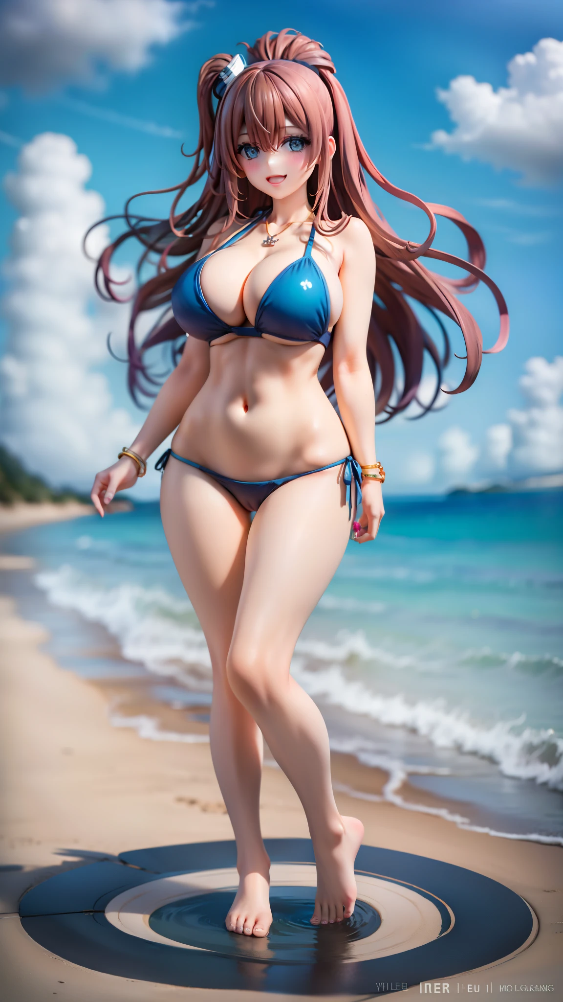 white bikini,bracelet,
smile,,blush,,cleavage,huge breasts,,,blush,solo,, gleaming skin,shiny skin ,view viewer , , ,view viewer,,, wide hips,blush,,,,looking at viewer,,narrow waist,embarass,smile,beautiful detailed eyes,from front,,bright screen,bright from front,wide hip,very long hair,, long hair, tall,blue eyes,navel,stomach,full body,beach,ocean,blue sky,barefoot,seductive smile,necklace,open mouth,view viewer,, hourglass figure, ,white woman,hair ornament,black bikini,,brown hair