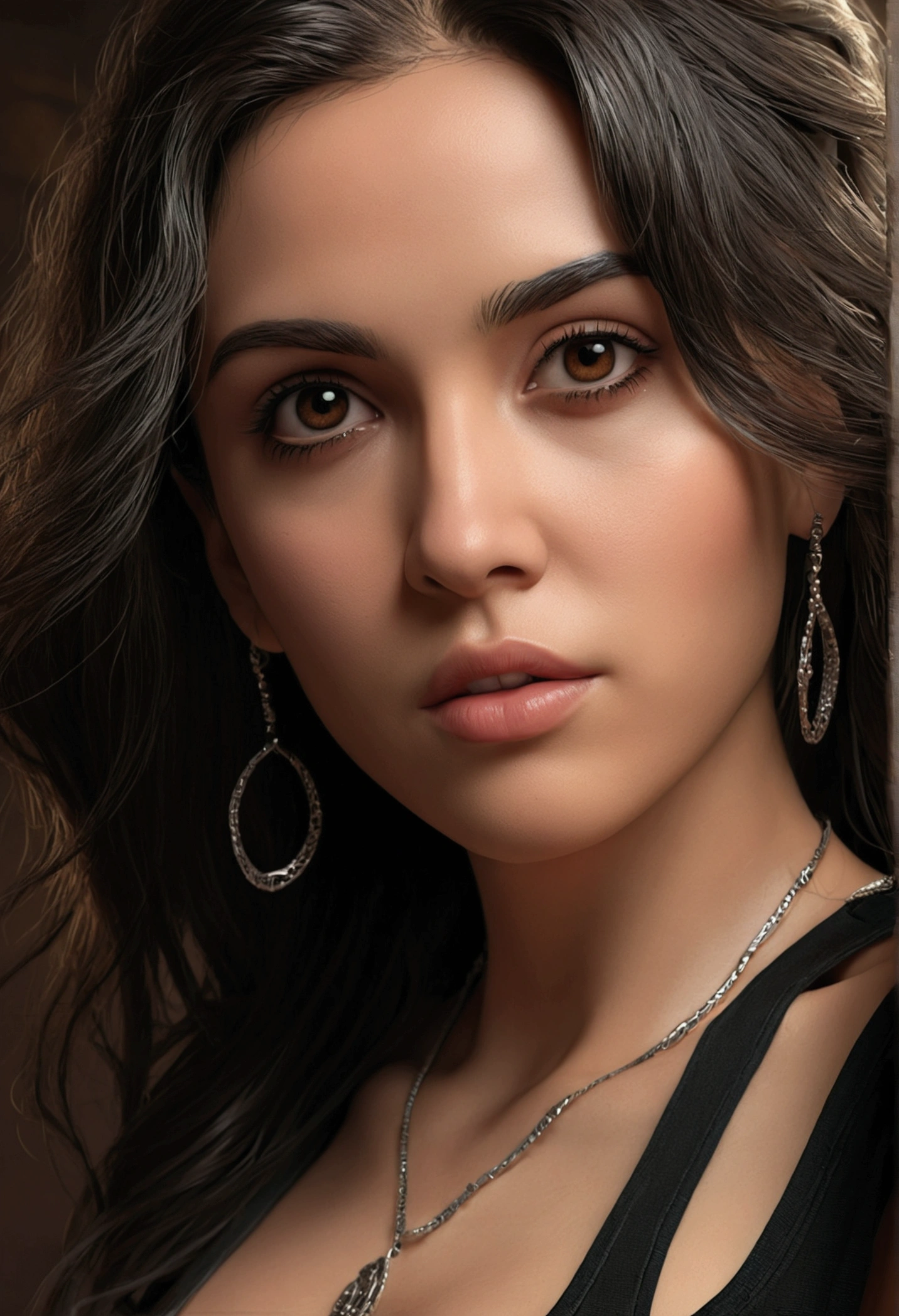 Absurd resolution, high resolution, (masterpiece: 1.4), super detailed, (((detailed face, detailed expression)), Portrait of a stunning woman with piercing dark brown eyes and long flowing dark hair, cute face with unique facial features, wearing black tank-top, realistic, intricate details in the clothing and facial features, studio lighting to enhance the depth and realism of the image