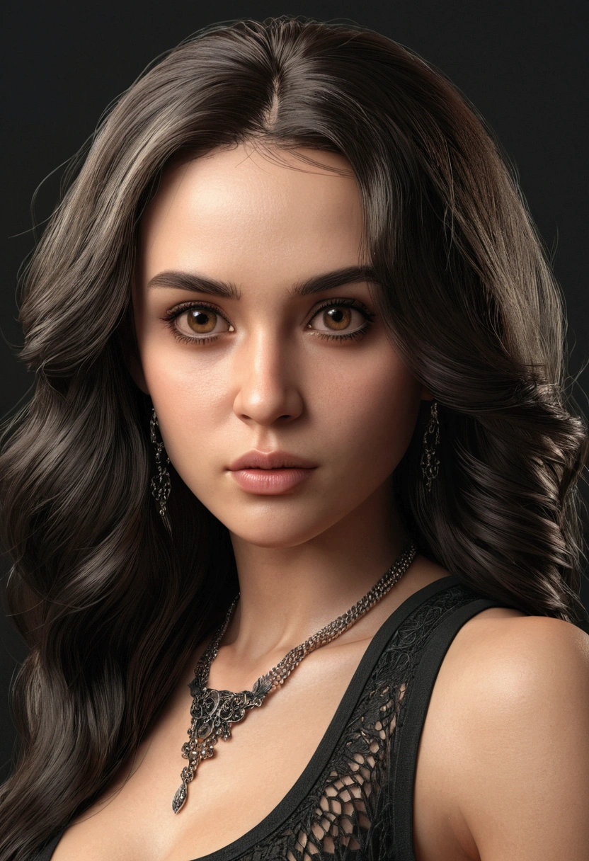 Absurd resolution, high resolution, (masterpiece: 1.4), super detailed, (((detailed face, detailed expression)), Portrait of a stunning woman with piercing dark brown eyes and long flowing dark hair, cute face with unique facial features, wearing black tank-top, realistic, intricate details in the clothing and facial features, studio lighting to enhance the depth and realism of the image