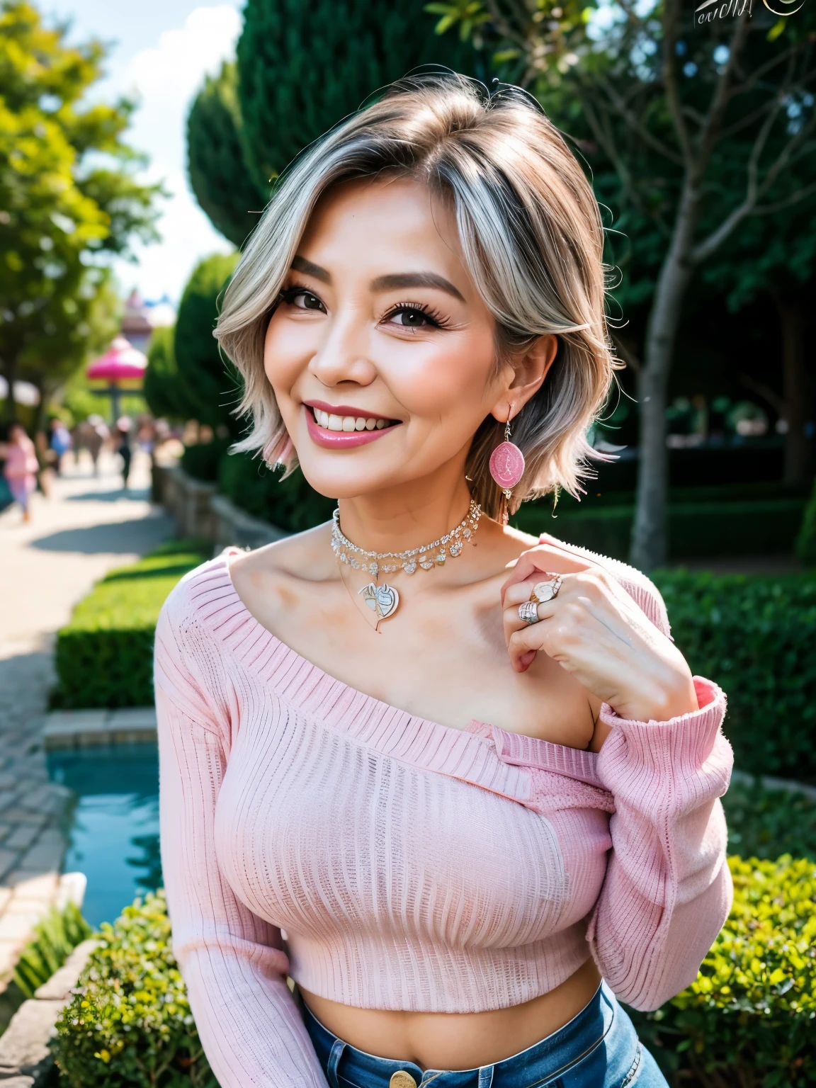 75 years old　mom　milf　Korean, Lady　large earring　Big choker　navel piercing decoration　A bracelet　Silver Hair　realisitic　Gorgeous Madame Beautiful Mature Woman　sexly　Smile　Gentle woman navel piercing　４K　High quality summer sweater　Gorgeous Madame Beautiful Mature Woman