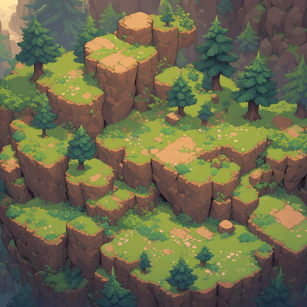 Retro video game style, pixelated, vibrant colors, 8-bit characters, blocky shapes, sharp lines, detailed shading, classic gaming vibe, nostalgic atmosphere, classic arcade games. Masterpiece:1.2, ultra-detailed, illustration style. 2D texture, stone texture, 4K seamless mud texture, video game texture, dirt texture. Game tiles, grass, 3/4th perspective trees, 3/4th perspective tileable rock texture, 3/4th perspective tileable cliff formations, tileable trees, top-down view, tileable texture. Very detailed cliff texture, intricate stones.