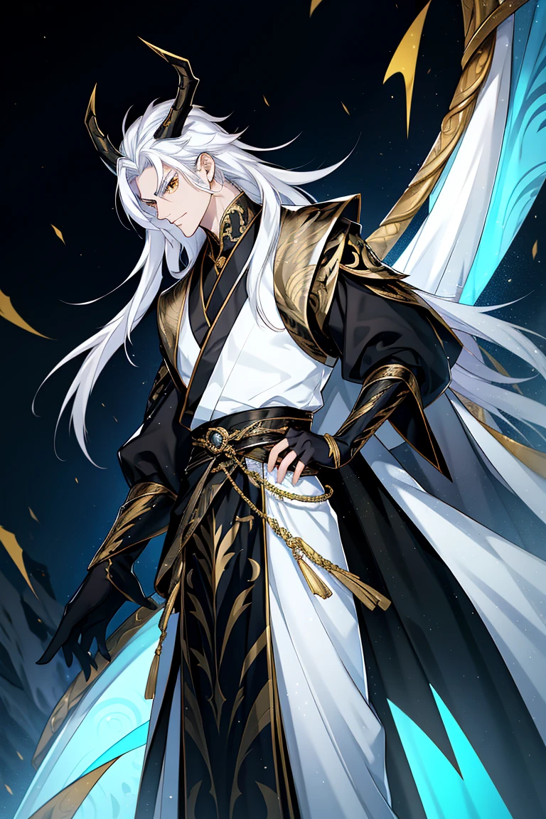 dragon man, Hanfu, long sword, cabelos preto e longos, golden eyes，white hair , A human half dragon with horns ,  black with gold details reminiscent of dragon scale , the night，starrysky，rays of moonlight，Asian architecture，Best quality at best，16k,tmasterpiece，