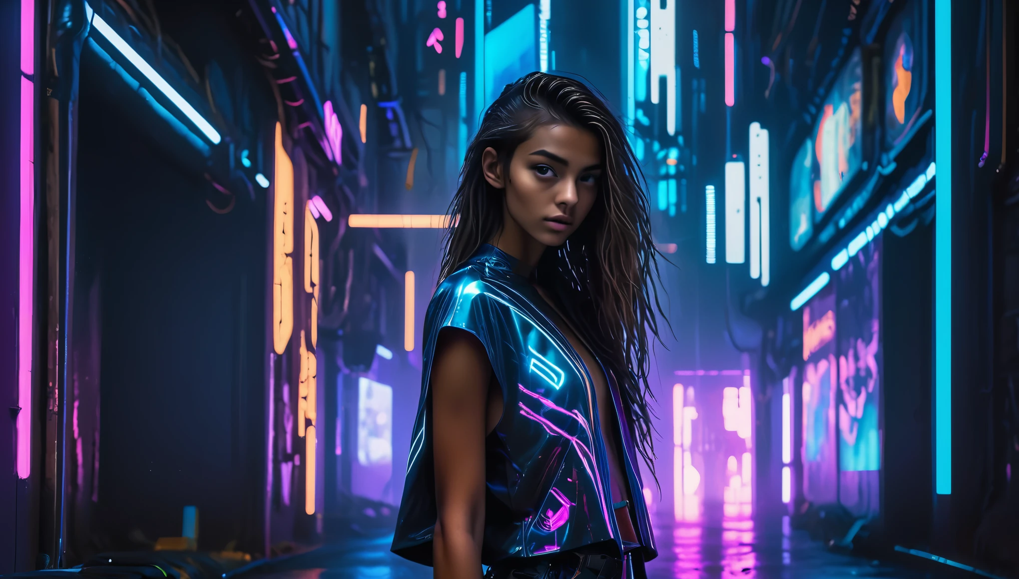 Top Quality, Masterpiece, High Resolution, 8k, (((cute skinny barely legal girl in oversized loose shiny crop top with deep cleavage, deep neckline and wetlook leggings, small perky breasts, beautiful detailed eyes, beautiful detailed lips, small closed mouth, extremely detailed face, tanned skin, random long hair style, small hips))), ((in cyberpunk apartment, next to a couch)), moody atmosphere, dramatic and random neon colors, futuristic setting, intricate details, at night, backlit, full body shot, view from distance, random pose