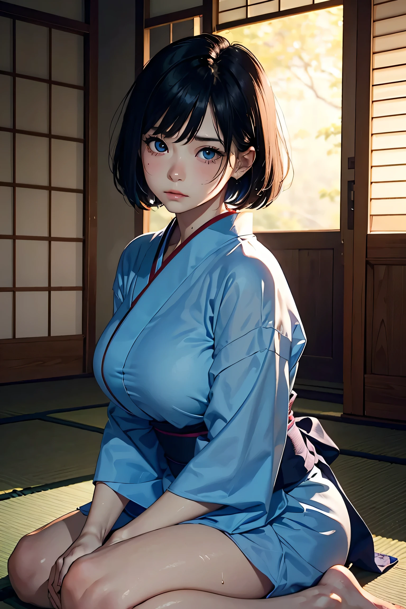 (masterpiece:1.2, Highest quality), (Realistic photos), Beautiful illustrations, (Natural side lighting, Cinema lighting),High detail、1 girl, Japanese、20-year-old female, Perfect Face, Symmetrical cute face, Glowing Skin, (Short Bob、Black Hair), Dark blue eyes, (Huge breasts:1.1),Slender build, Flowing bangs、Beautiful Hair, Beautiful Face, Fine and beautiful eyes, Beautiful body, Beautiful breasts, (yukata),Sad expression、Blushing、hostel、tatami、Japanese-style room、Kneel、(Sweating all over)