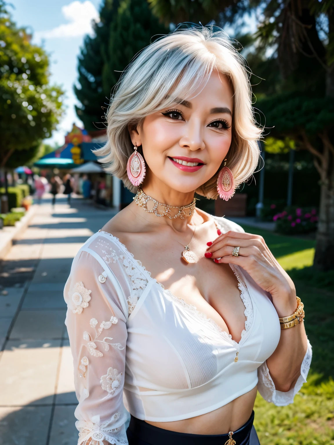 75 years old Mom MILF Korean, Lady large earring Big choker navel piercing decoration A bracelet Silver Hair realisitic Gorgeous Madame Beautiful Mature Woman sexy Smile Gentle woman navel piercing 4K High quality サマーセーター 重い胸