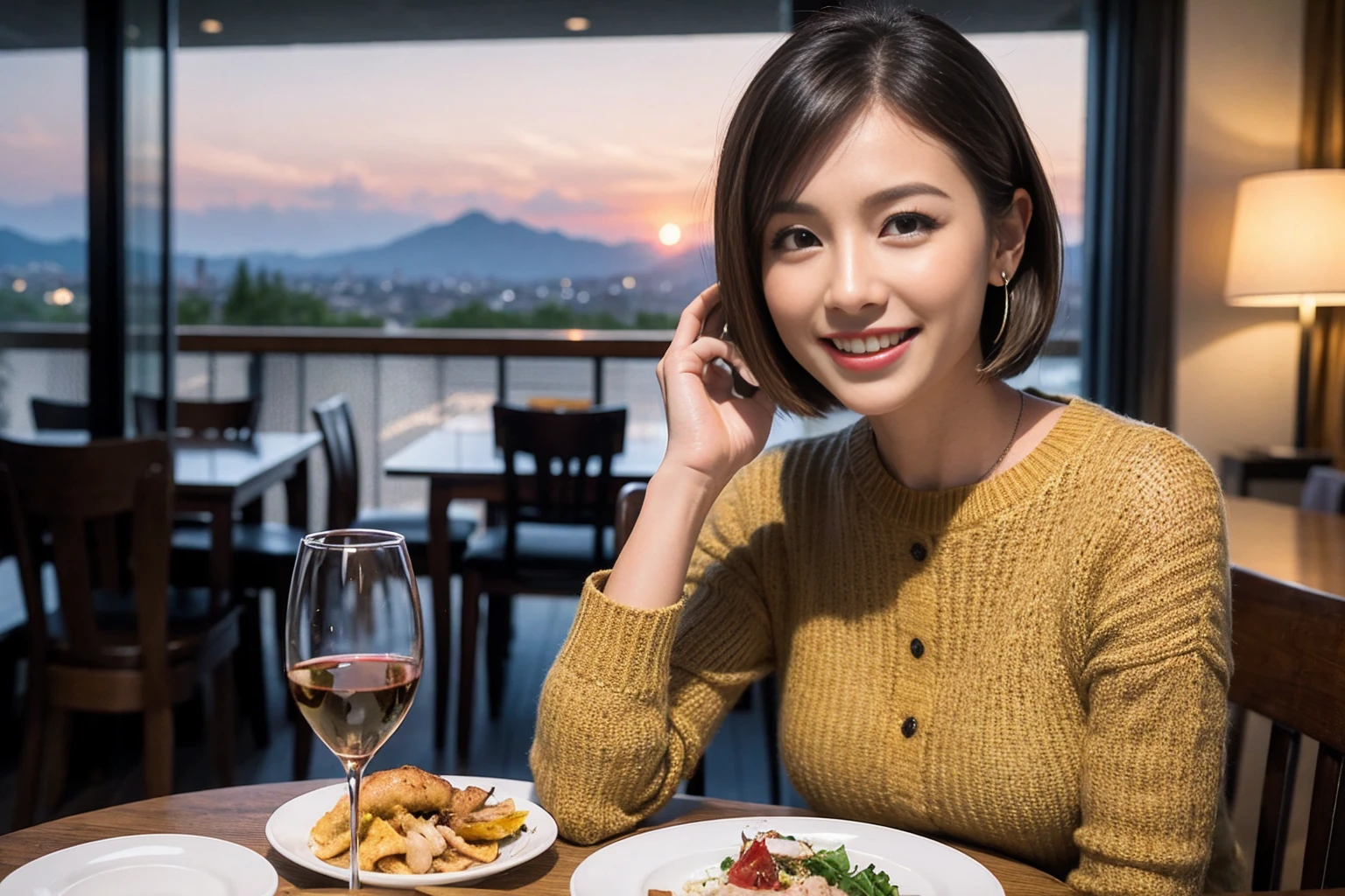 (Realistic:1.1),(masterpiece,Highest quality),8k,(49 years old), 53 years old, ベリーslimボディ、slimカップル、Tight waist,Upper Body,full-course dinner、wine 、Amazing view of the sunset sky and clouds、Perfect Anatomy, Brown Hair, short hair,Random Hairstyles,((Highly detailed face and eyes:1.2)),Perfect golden ratio face,Long sleeve shirt、dress,(smile:1.2)、Shortcuts、cute、(Realistic, Intricate details:1.2), A bright smile、short hair,Bright Face、赤wine 、Appetizers、Italian food、wine bottle、Champagne、スパークリングwine、(slimな顔), (The body is slim), (Brown Hair), (Shortcuts), Upper Body, 白wine, slim, wineグラス,