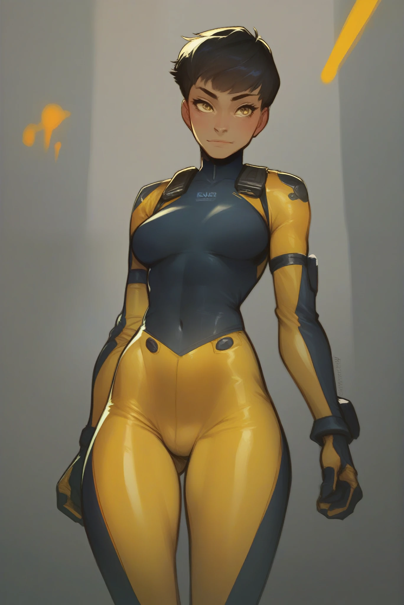 score_9, score_8_up, score_7_up, score_6_up, score_5_up, score_4_up,
volumetric lighting,
young girl,
detailed face, grey iris, short dark hair,
skinny, medium breasts apart, wide shoulders, strong arms, wide hips,
white-yellow tight combat suit,
standing,