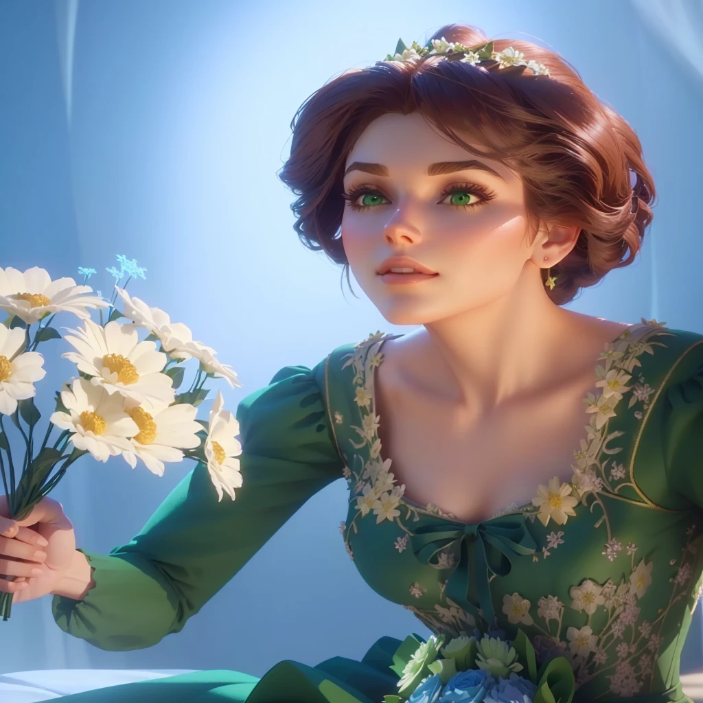 there is a woman in a green dress holding a bunch of flowers, animated movie still, animated film, holding magic flowers, rendered in sfm, stylized as a 3d render, photorealistic disney, inspired by Johannes Helgeson, animation film still, realistic fantasy render, with frozen flowers around her, animated film still, video game cutscene
