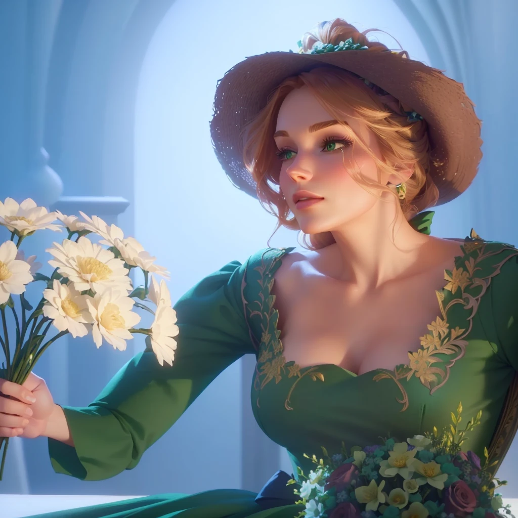 there is a woman in a green dress holding a bunch of flowers, animated movie still, animated film, holding magic flowers, rendered in sfm, stylized as a 3d render, photorealistic disney, inspired by Johannes Helgeson, animation film still, realistic fantasy render, with frozen flowers around her, animated film still, video game cutscene