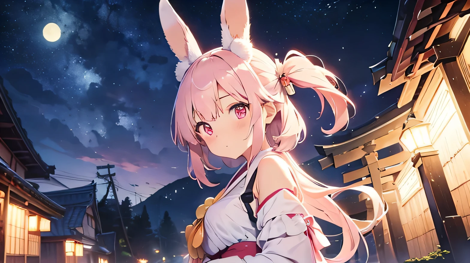 Highest quality, pretty girl, pastel colour, Fluffy bunny ears, Pale pink eyes,shrine,Mysterious night view,Shrine maiden,torii