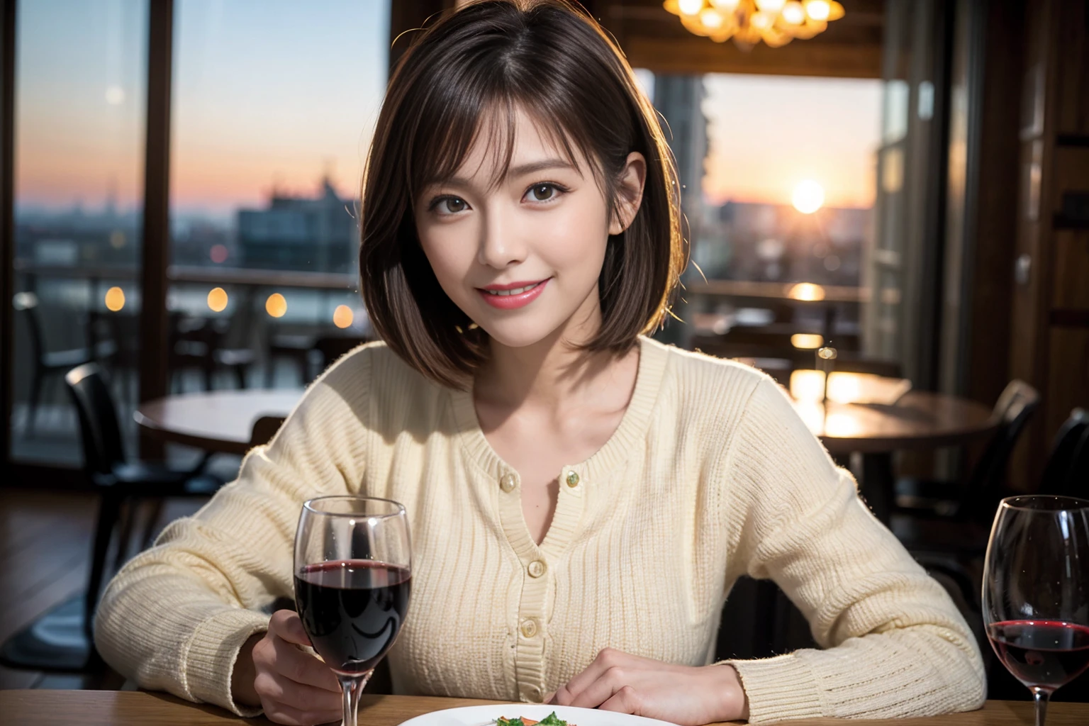 （Realistic:1.1）,(masterpiece,Highest quality)，8k,(49 years old), 53 years old, ベリーslimボディ、slimカップル、Tight waist,Upper Body,full-course dinner、wine 、Amazing view of the sunset sky and clouds、Perfect Anatomy, Brown Hair, short hair,Random Hairstyles,((Highly detailed face and eyes:1.2))，Perfect golden ratio face，Long sleeve shirt、dress,(smile:1.2)、Shortcuts、cute、(Realistic, Intricate details:1.2), A bright smile、short hair,Bright Face、赤wine 、Appetizers、Italian food、wine bottle、Champagne、スパークリングwine、(slimな顔), (The body is slim), (Brown Hair), (Shortcuts),  Upper Body, 白wine, slim, wineグラス, 