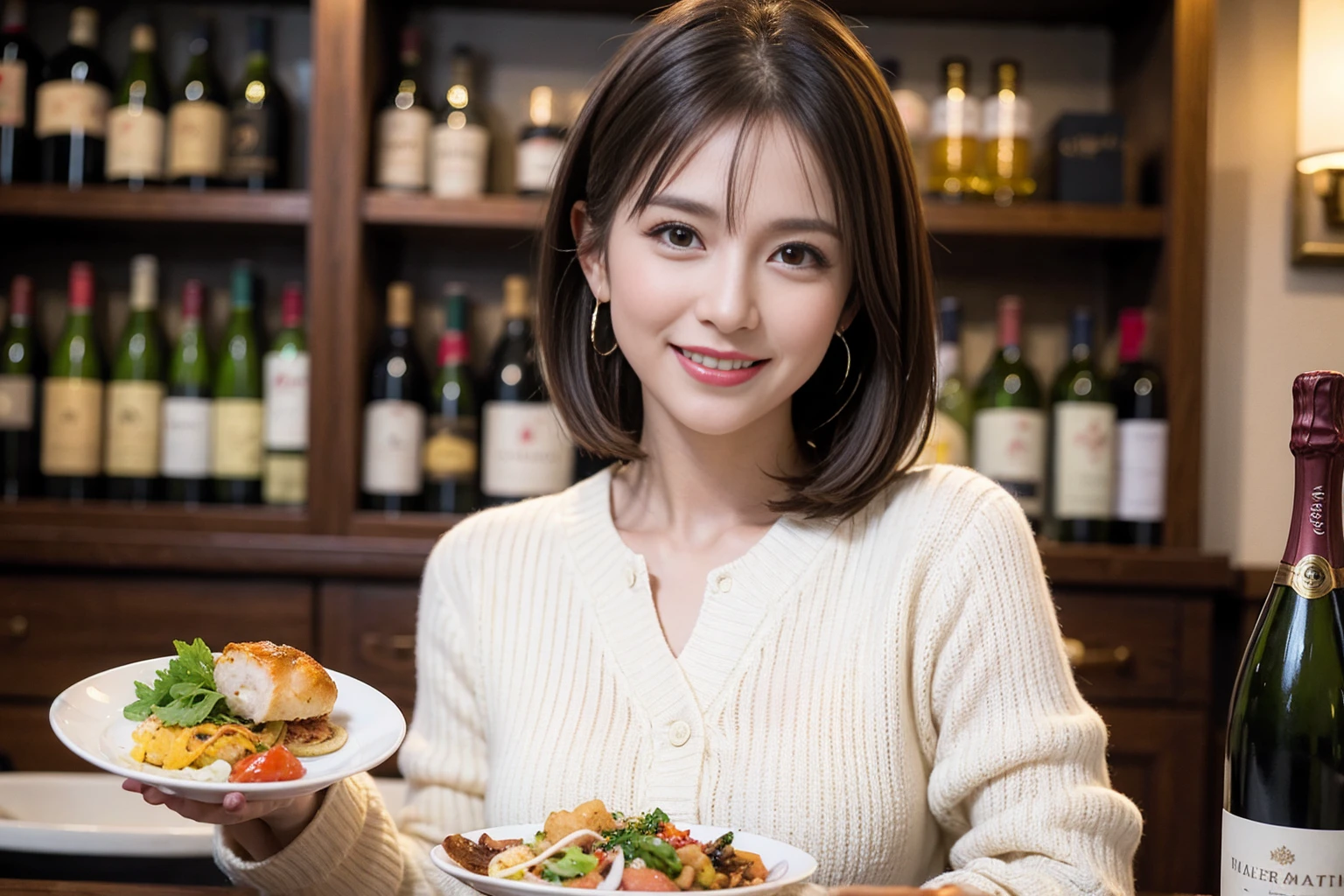 (Realistic:1.1),(masterpiece,Highest quality),8k,(49 years old), 53 years old, ベリーslimボディ、slimカップル、Tight waist,Upper Body,full-course dinner、wine 、Amazing view of the sunset sky and clouds、Perfect Anatomy, Brown Hair, short hair,Random Hairstyles,((Highly detailed face and eyes:1.2)),Perfect golden ratio face,Long sleeve shirt、dress,(smile:1.2)、Shortcuts、cute、(Realistic, Intricate details:1.2), A bright smile、short hair,Bright Face、赤wine 、Appetizers、Italian food、wine bottle、Champagne、スパークリングwine、(slimな顔), (The body is slim), (Brown Hair), (Shortcuts), Upper Body, 白wine, slim, wineグラス,