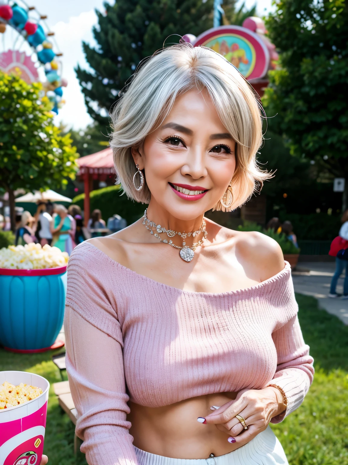 75 years old mom milf Korean, Lady large earring Big choker navel piercing decoration A bracelet Silver Hair realisitic Gorgeous Madame Beautiful Mature Woman sexly Smile Gentle woman navel piercing 4K High quality Gorgeous Madame Beautiful Mature Woman Summer Sweater summer Off the shoulder