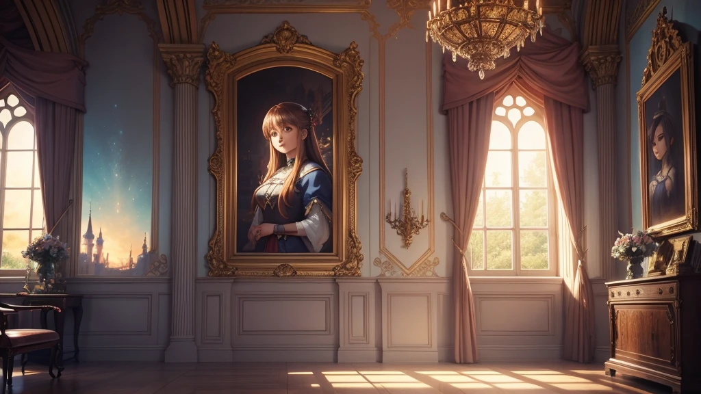 Anime Style,Detailed background,Magical World,A room in a large castle,Portraits hanging on the wall