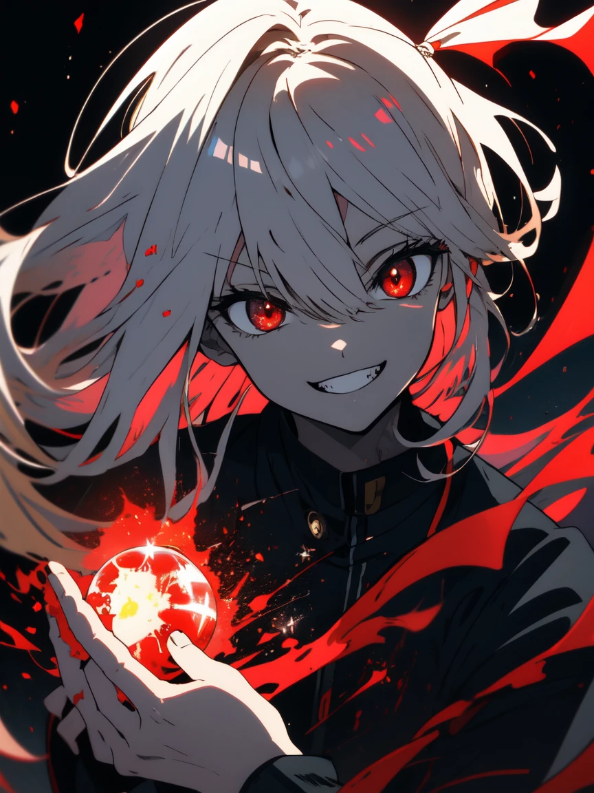 (Highest quality、masterpiece、High resolution、detailed)､(Shining Eyes、detailed美しい顔)、8k、1 boy, Flying hair, Red eyes, Fire Witch, Blood on my face, Particles of light, lightning, wallpaper, colorful, High Contrast 1.2, vampire, Grin, Wicked Smile, psychopathic Grin, Psychopathic smile, Tilt your head、Blonde、Mash Hair(Beautiful Anime:1.4)
