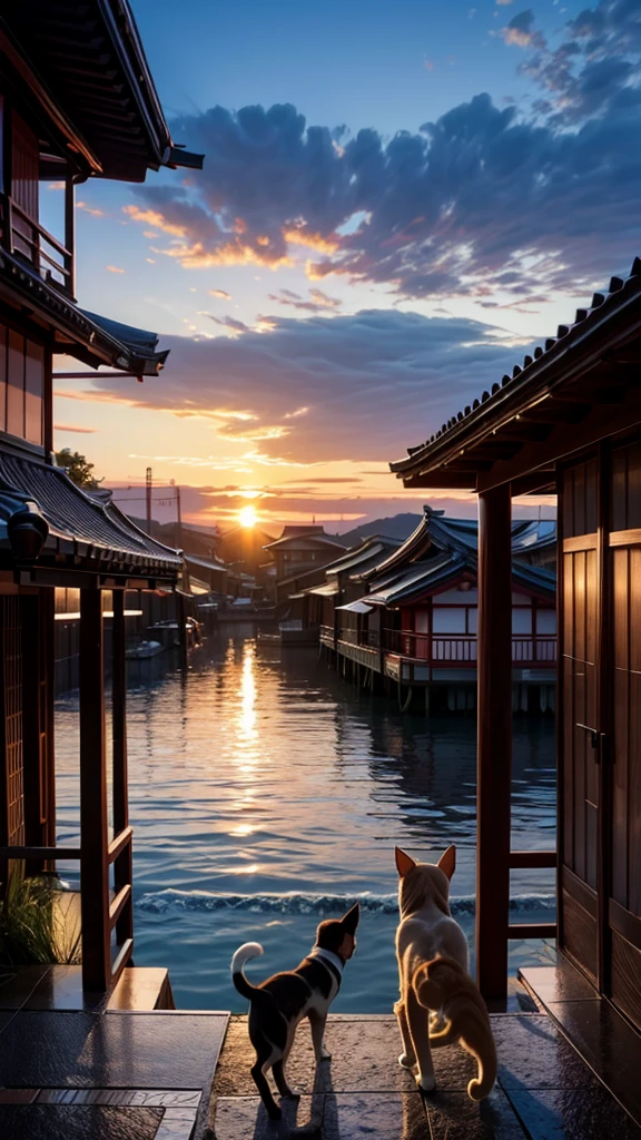 japan seaside sunset cat&dog playing enjoying