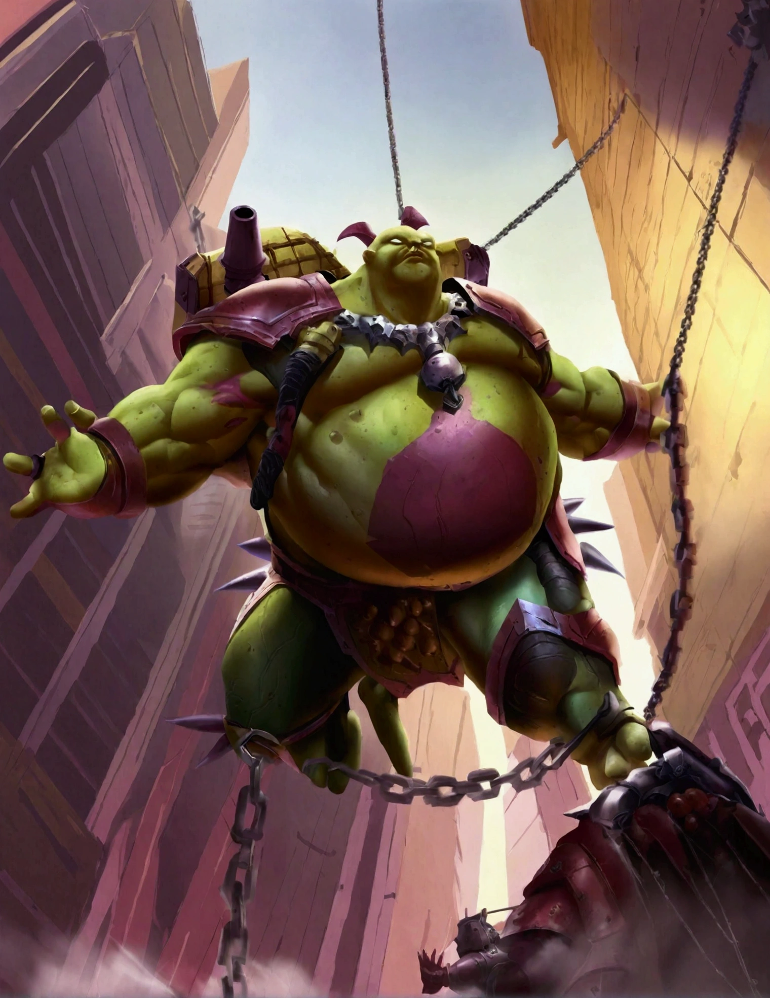 Chaos Space Marine of Nurgle, armor leaking slime and gore, bloated, attacking with a chain sword, viewed from a low angle, battlefield
The Incredible Spiderman swinging between buildings in Bangkok, viewed from a low angle