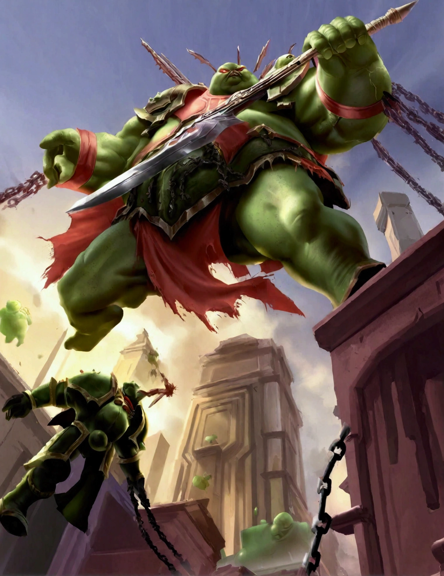 Chaos Space Marine of Nurgle, armor leaking slime and gore, bloated, attacking with a chain sword, viewed from a low angle, battlefield
The Incredible Spiderman swinging between buildings in Bangkok, viewed from a low angle