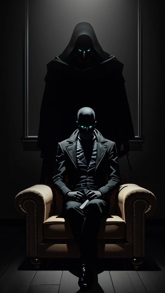 Create a digital painting of an extremely dark room, where most details are obscured by darkness. In the corner of the room, position an indistinct sofa, on which a menacing silhouette sits. The figure must face directly towards the viewer, as if observing whoever looks at the image. Lighting should be minimal, just enough to highlight the silhouette on the sofa and create an unsettling and macabre atmosphere. The overall feel of the image should be one of horror, with deep shadows and an oppressive atmosphere. A human and threatening silhouette stands out in the darkness, being very threatening and almost oppressing whoever is on the other side of the screen, as dark as the night, just watching your nocturnal visitor