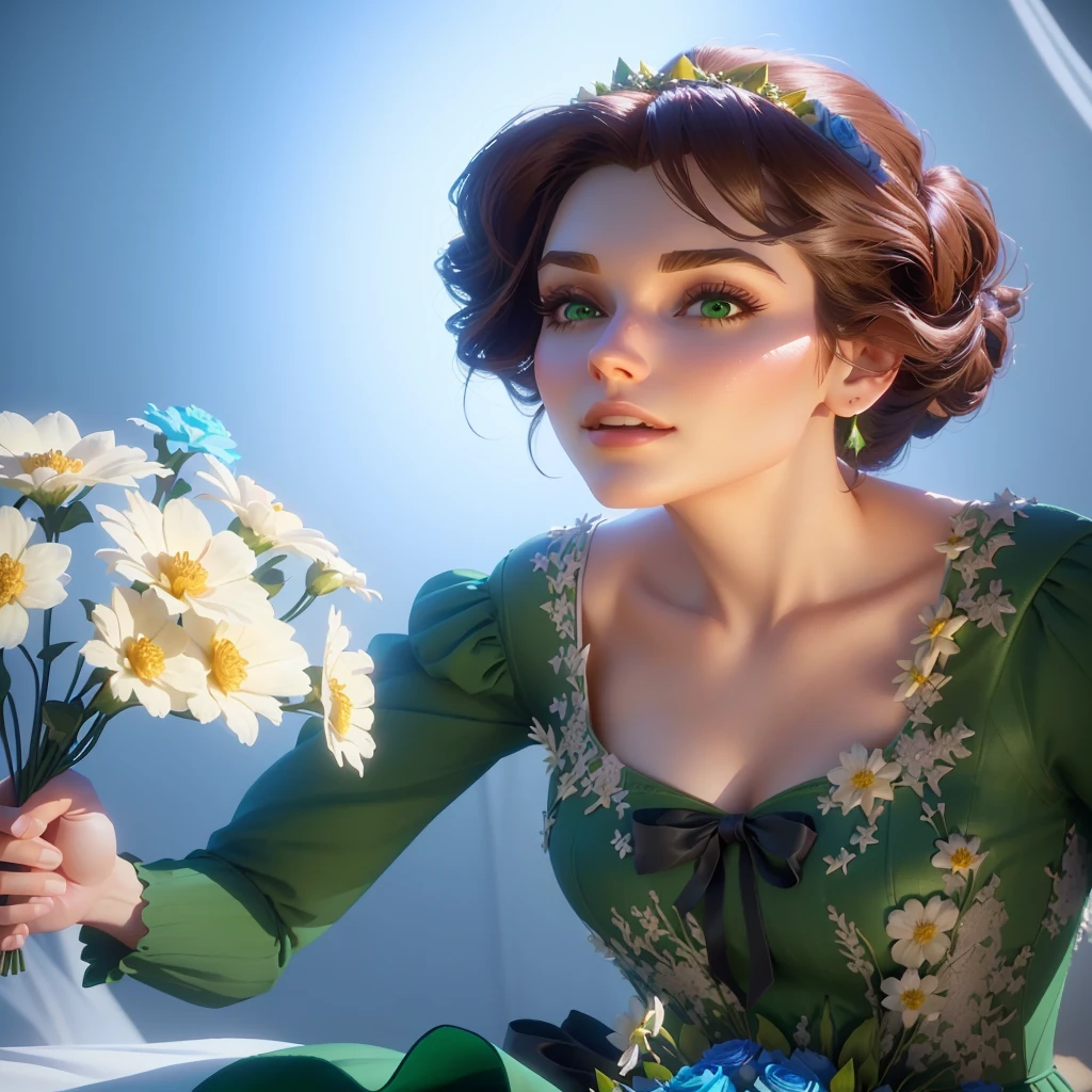 there is a woman in a green dress holding a bunch of flowers, animated movie still, animated film, holding magic flowers, rendered in sfm, stylized as a 3d render, photorealistic disney, inspired by Johannes Helgeson, animation film still, realistic fantasy render, with frozen flowers around her, animated film still, video game cutscene
