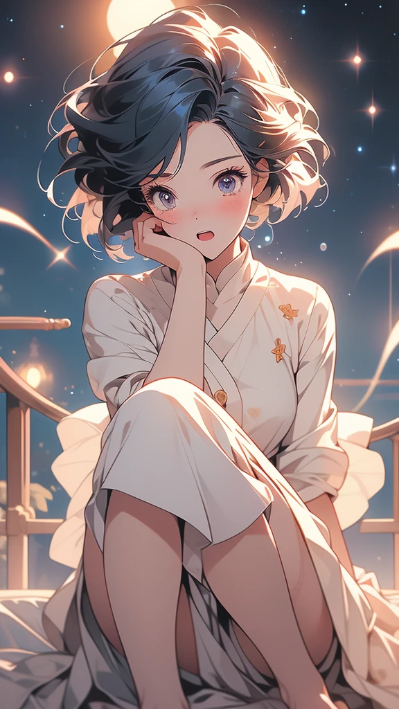 National Science Foundation,masterpiece,High resolution,digit,Kyoto Animation Style,your name movie style,night,midnight,Light,(1 female: 1.3),(alone: 1.4),long eyelashes,slender legs,short bob,sexy pose,Nothing to wear,close up,close view,nightstarry sky,Eyes as deep as the starry sky,Blushed,open mouth,(Tearing up)