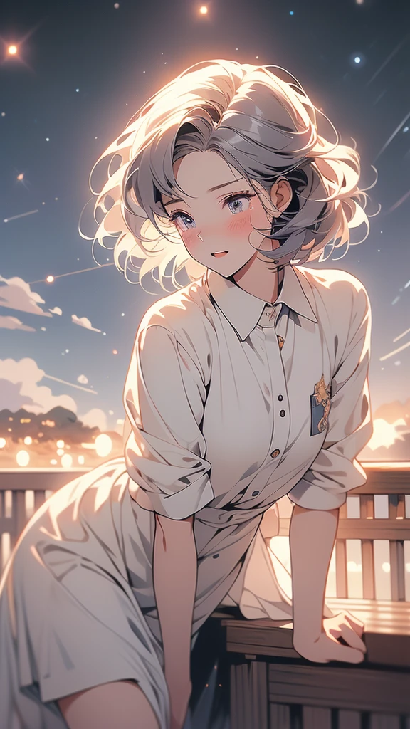 National Science Foundation,masterpiece,High resolution,digit,Kyoto Animation Style,your name movie style,night,midnight,Light,(1 female: 1.3),(alone: 1.4),long eyelashes,slender legs,short bob,sexy pose,Nothing to wear,close up,close view,nightstarry sky,Eyes as deep as the starry sky,Blushed,open mouth,(Tearing up)