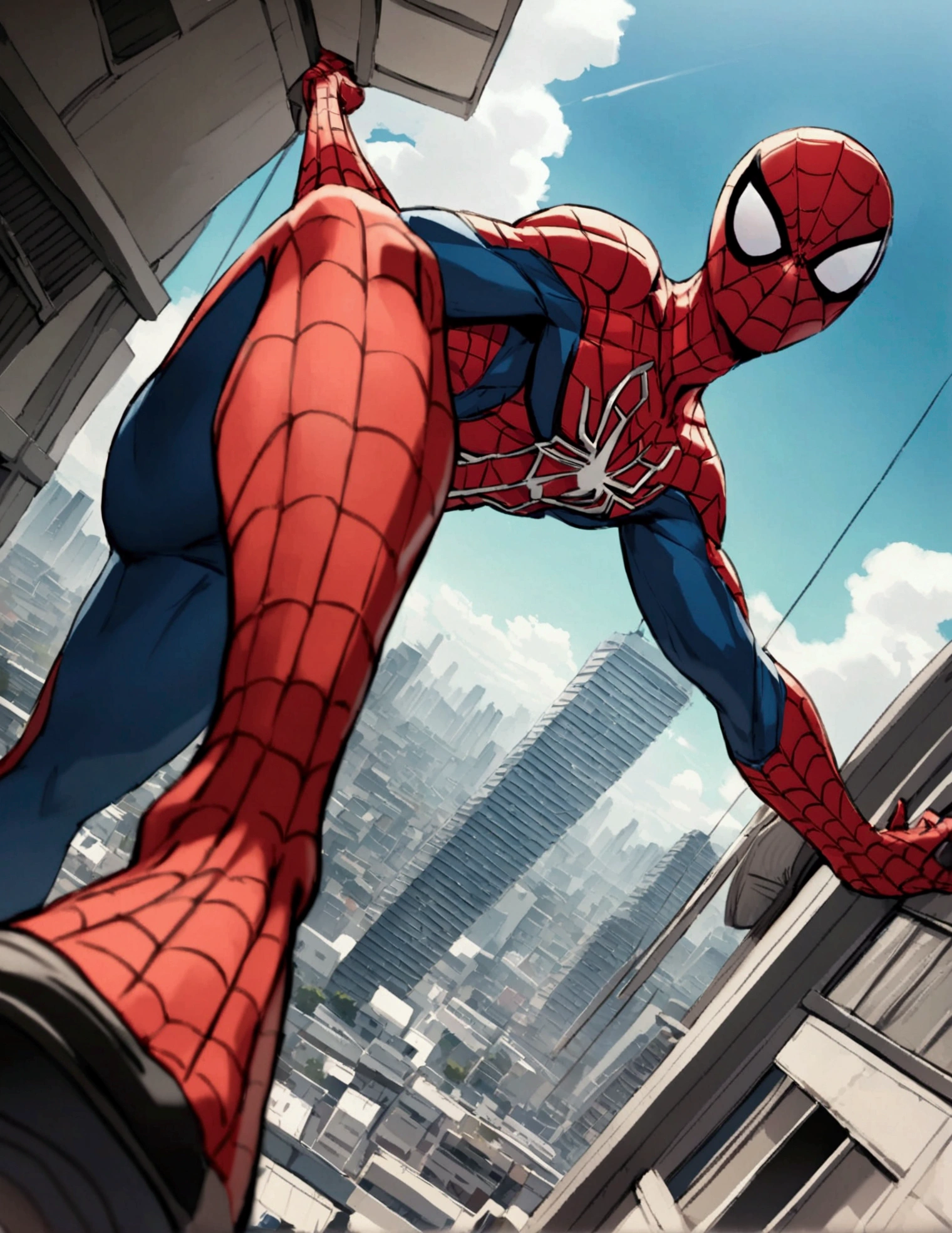 The Incredible Spiderman swinging between buildings in Bangkok, viewed from a low angle