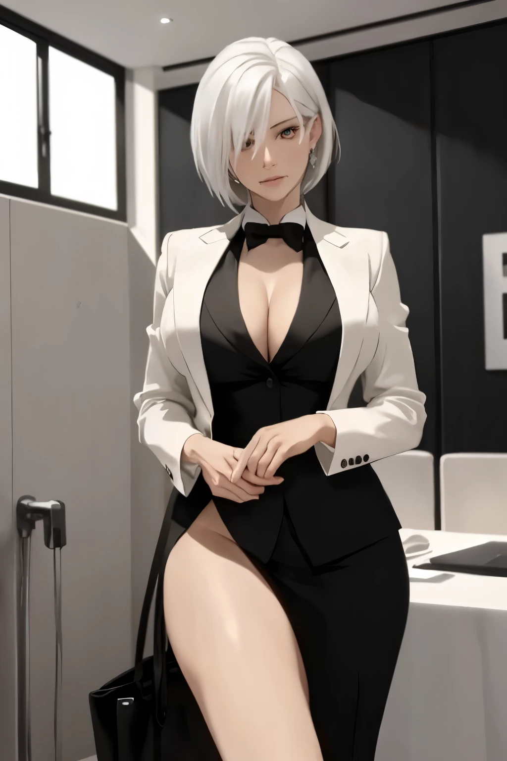 ((best quality)), ((masterpiece)), (detailed), Photorealistic, high resolution, mature woman, mature woman, Hips up, jewelry, Curtain Bangs, White hair, Red eyes, หน้าอกใหญ่, HDR (high dynamic range), After processing, Anisotropic filtration,depth of field, Maximum clarity and clarity, multi-layered surface, perfect proportions, 8K raw files, กระโปรงสั้น, natural lighting, soft lighting, sunlight, city, street, detailed anatomy, she's firm boss, not bossy, the most respected boss and leader, confident office boss, sleek black suit, white shirt, black tie,