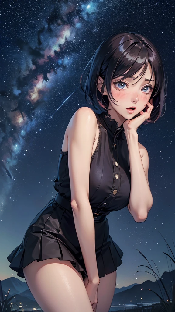 National Science Foundation,masterpiece,High resolution,digit,Kyoto Animation Style,your name movie style,night,midnight,Light,(1 female: 1.3),(alone: 1.4),long eyelashes,slender legs,short bob,sexy pose,Nothing to wear,close up,close view,nightstarry sky,Eyes as deep as the starry sky,Blushed,open mouth,(Tearing up)