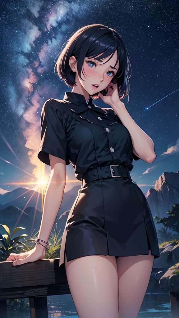 National Science Foundation,masterpiece,High resolution,digit,Kyoto Animation Style,your name movie style,night,midnight,Light,(1 female: 1.3),(alone: 1.4),long eyelashes,slender legs,short bob,sexy pose,Nothing to wear,close up,close view,nightstarry sky,Eyes as deep as the starry sky,Blushed,open mouth,(Tearing up)