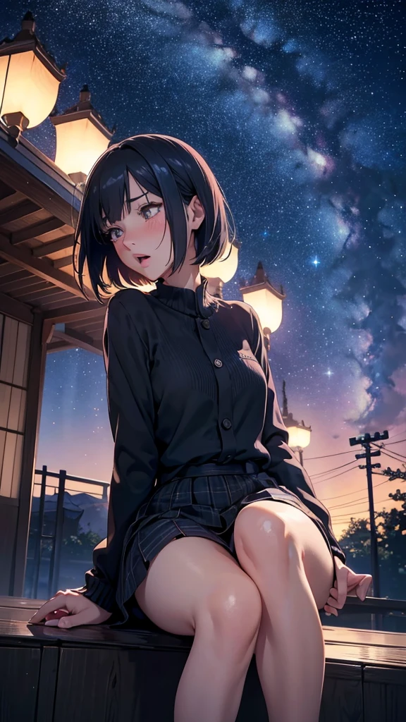 National Science Foundation,masterpiece,High resolution,digit,Kyoto Animation Style,your name movie style,night,midnight,Light,(1 female: 1.3),(alone: 1.4),long eyelashes,slender legs,short bob,sexy pose,Nothing to wear,close up,close view,nightstarry sky,Eyes as deep as the starry sky,Blushed,open mouth,(Tearing up)