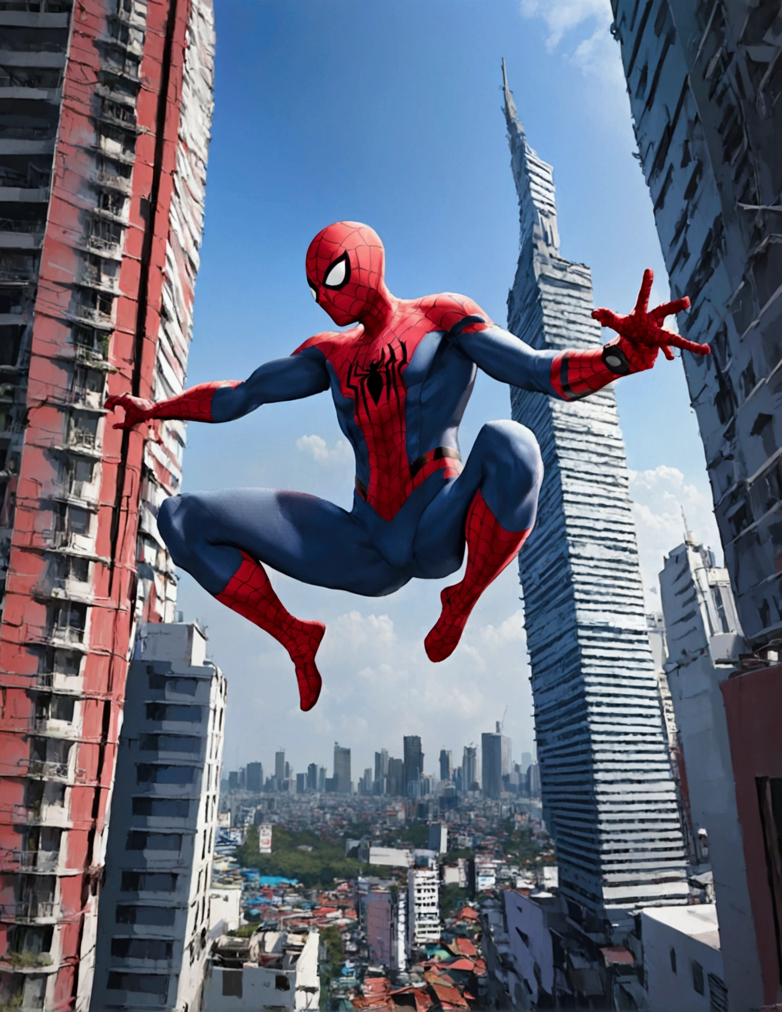 The Incredible Spiderman swinging between buildings in Bangkok, viewed from a low angle