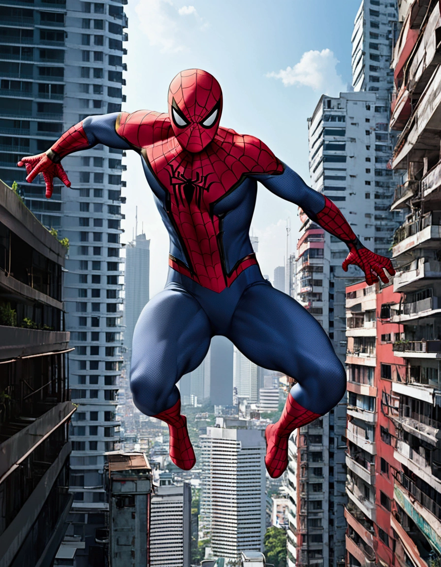 The Incredible Spiderman swinging between buildings in Bangkok, viewed from a low angle
