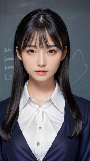 masterpiece, Highest quality, (RAW Photos:1.3), Realistic, Upper body photo, Beautiful adult woman, 7, Long face, Long-term. (Tied black hair:1.4), clean, Symmetrical face, Symmetrical eyes, Stern expression, (Navy blue jacket, White shirt:1.4) Very small breasellectual, A neat female teacher, classroom, blackboard