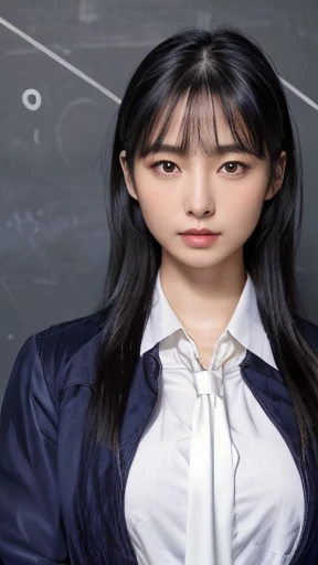masterpiece, Highest quality, (RAW Photos:1.3), Realistic, Upper body photo, Beautiful adult woman, Age 27, Long face, Long-term. (Tied black hair:1.4), clean, Symmetrical face, Symmetrical eyes, Stern expression, (Navy blue jacket, White shirt:1.4) Very small breasts, intellectual, A neat female teacher, classroom, blackboard