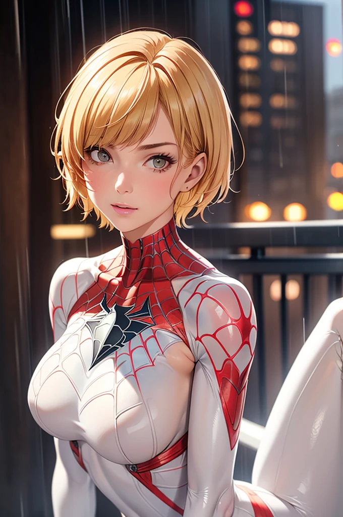 18 yo girl, white spider man suit, short blunt hair, blonde, beautiful face, rain, roof, masterpiece, intricate detail, perfect anatomy, redhead, photo realistic