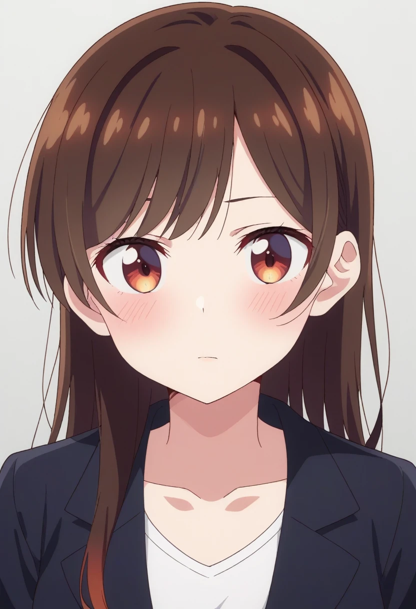 chizuru, 1girl, solo, long_hair, looking_at_viewer, blush, open_mouth, bangs, simple_background, white_background, brown_hair, shirt, brown_eyes, collarbone, jacket, white_shirt, closed_mouth, shiny, shiny_hair, black_jacket, swept_bangs, formal, suit