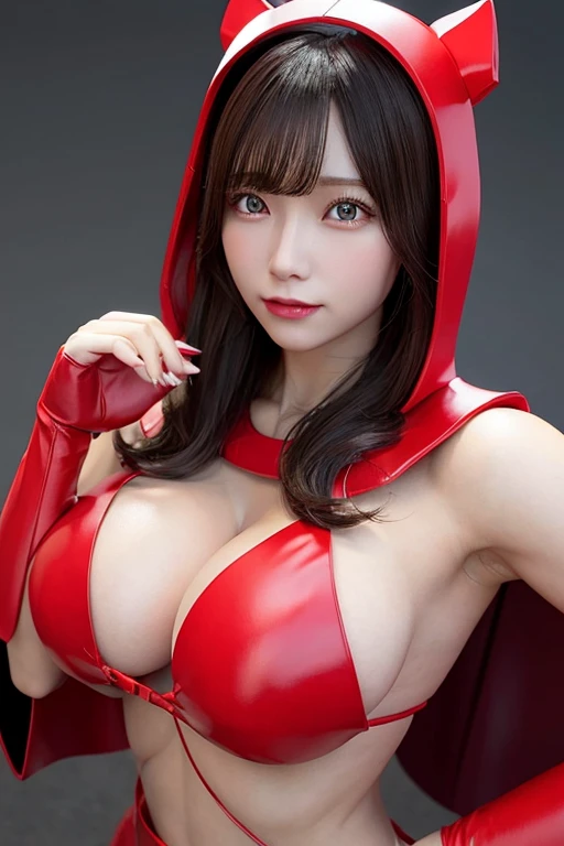 Cybernetic woman, A perfectly sculpted whole body, Realistic, My stomach is getting bigger, (large and perfect breasts), Neckline, 3d, Wearing a hood and cape on his head, Red visor on right eye, anime style 3d, ultra Realistic, High resolution,  