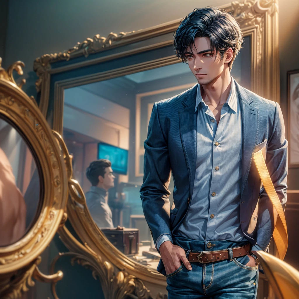 (high resolution, hyper-detailing), masterpiece, best quality. a handsome man standing with wheatish skin in a formal shirt and denim pants with detailed face, lighting and reflections. A vibrant studio lighted movie and studio lighted setting with spotlights of 60% teal, 30% red and 10% yellow
