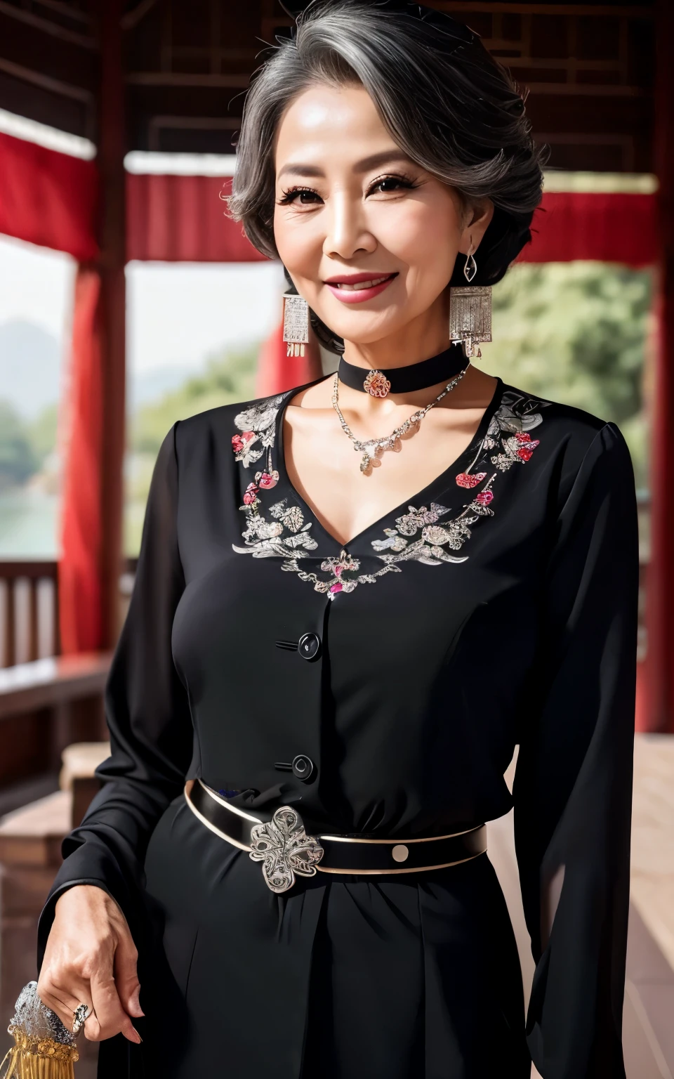 75 years old mom milf Chinese Lady large earring Big choker navel piercing decoration A bracelet Silver Hair realisitic Gorgeous Madame Beautiful Mature Woman sexly Smile Gentle woman navel piercing 4K High quality gorgeous madam beautiful mature woman belt