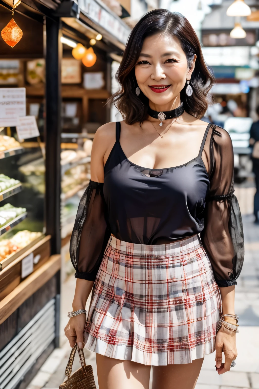 75 years old　mom　milf　Korean, Lady　large earring　Big choker　navel piercing decoration　A bracelet　Silver Hair　realisitic　Gorgeous Madame Beautiful Mature Woman　sexly　Smile　Gentle woman navel piercing　４K　High quality gorgeous madam beautiful mature woman