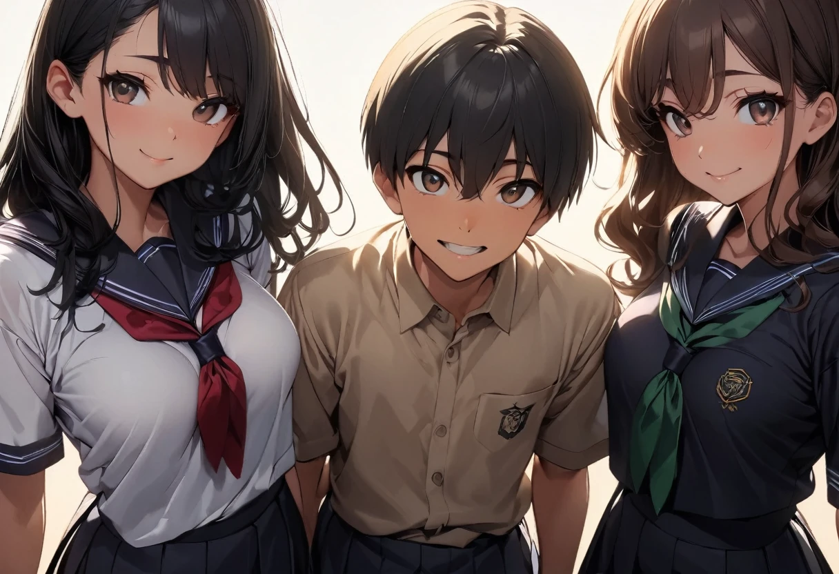 (highest quality:1.2, Very detailed, up to date, Vibrant, Ultra-high resolution, High Contrast, masterpiece:1.2, highest quality, Best aesthetics), anime, whole body, multiple people、(two girls and 1 boy:1.5), (two girls are standing on either side of the boy:1), they are 20-years-old, wearing high-school uniform, (one girl on the left ((Japanese, 20-years-old, Narrow space between the eyes, Big slant eyes, Small Nose, gold hair, Medium long wavy hair, tall, medium Breasts, sexy, slim, school uniform) and one boy (Japanese, 20-years-old, tall, slim, male,black hair,brown eyes) and one girl on the right (Japanese, 20-years-old, Narrow space between the eyes, Big slant eyes, Small Nose, black Hair, short cut, bob cut, medium Breasts, slim, school uniform)), (No background:1.3), ((Plain white background:1.3)), standing side by side apart, look at viewer
