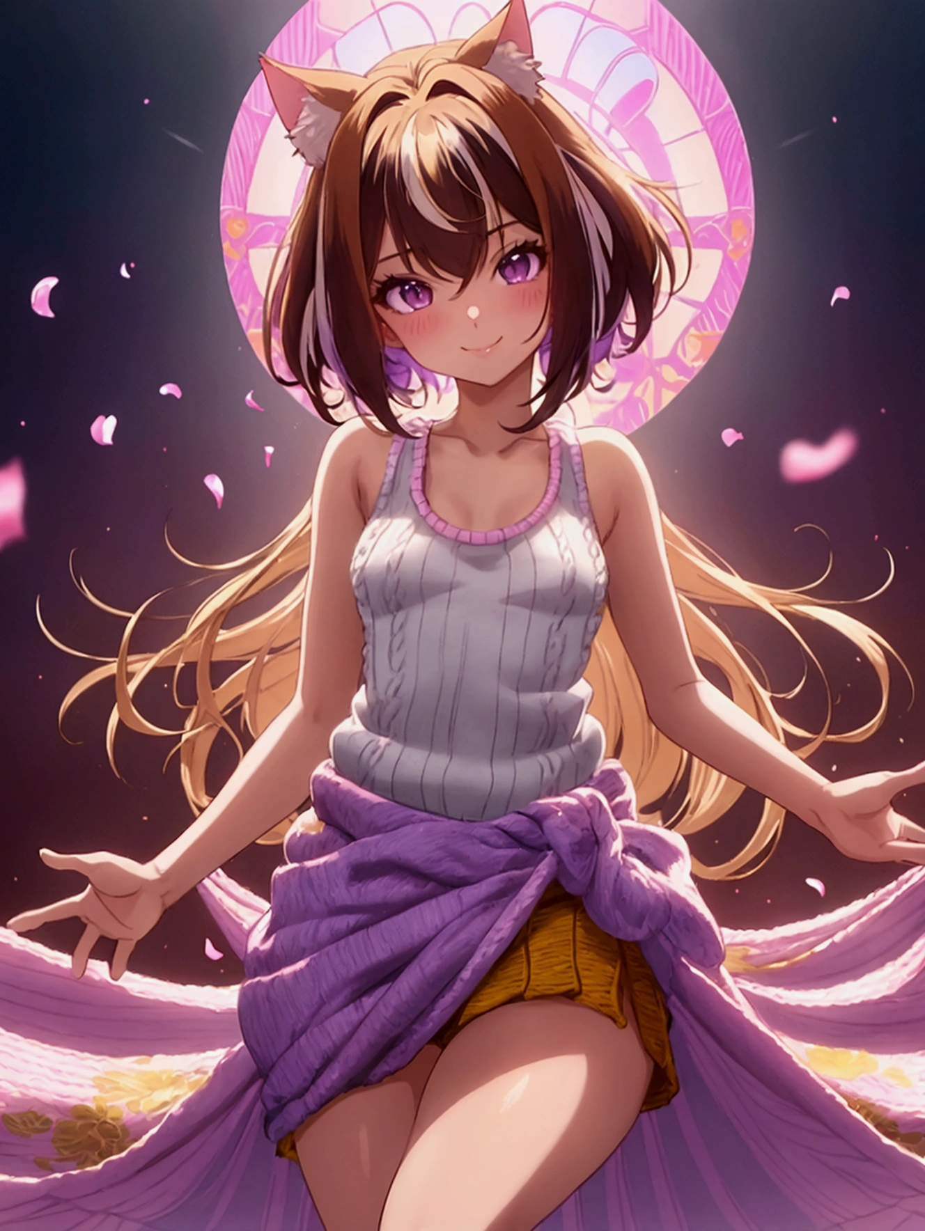 ((masterpiece)), ((Highest quality)), (anime:1.4), (Very detailed:1.2), (High resolution:1.3), (Professional photography:1.3), (Wide Shot), (Sharp focus), (Perfect light), ((12 years old)), One Girl, Cinema Lighting, Textured skin, (Cat ear), Light brown hair, Messy medium length hair, Cute beautiful teenage girl, (Healthy slim body), (Knitted fabric tank top:1.3), very good, (Exposed neck), Slender body, Small breasts, ((Two-tone hair)), (Loose bangs), (Shaggy hair), ((Wearing a long sarong skirt)), (Long eyelashes), Mischievous Smile, blush, (Purple unfocused eyes), Beautiful clavicle, (A little exposed cute thighs), break, ((Highest quality)), (Very detailed), ((pinching the skirt with your hands)), (Beautiful colorful flower field), Dancing Petals,