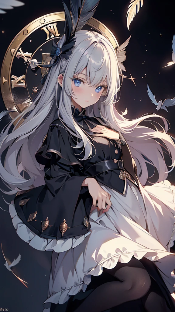 1girl ,{Background (In a huge clock)}, {Deep black blue eyestwinkling with the stars}, {Beautiful lolita}，(beautiful detailed eyes)，long_ hair，{loli},{{{clock style magic array}}},With magic feathers floating around，{masterpiece}, {(best quality)},{high-quality},{{magic clock dial}}, {darker light}, {flat chest}, {warm tone},silver_hair,magic_circle, ,{Animation style}, {{The silver whirlwind revolving around the characters}},