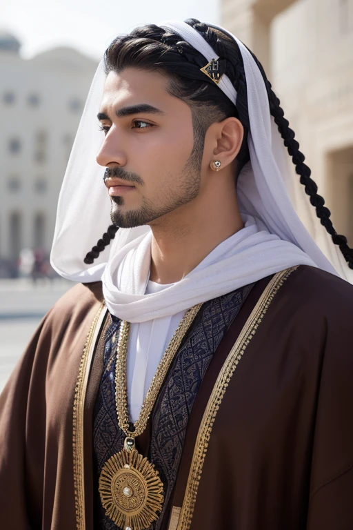 Handsome Middle Eastern man facing left。The head is covered with engraved hair accessories.。