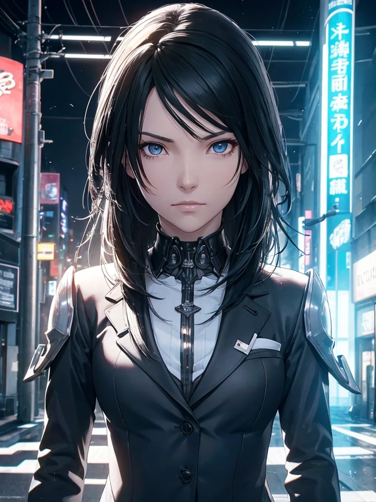 16K, High resolution, RTTX 10.0, Ray Tracing, Natural light, Absurd, Top quality masterpiece, Perfect anatomy and highly detailed face, Detailed eyes, One girl, alone, Wear a business suit, shirt, Open the top button, Beautiful Hair, very beautiful, Edgy, nice, Evil Aura, the wind is strong, Glowing Eyes, Serious expression, dystopian city, Futuristic, Detailed Background, Awards, Neon Light, Talked about at the art station
