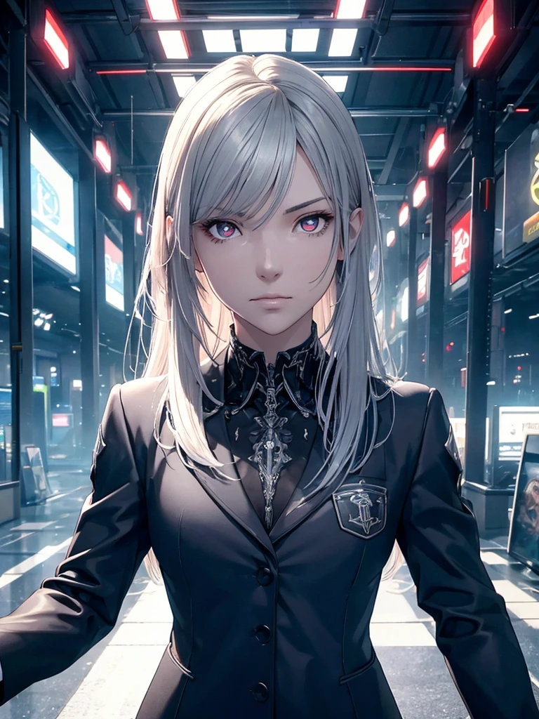 16K, High resolution, RTTX 10.0, Ray Tracing, Natural light, Absurd, Top quality masterpiece, Perfect anatomy and highly detailed face, Detailed eyes, One girl, alone, Wear a business suit, shirt, Open the top button, Beautiful Hair, very beautiful, Edgy, nice, Evil Aura, the wind is strong, Glowing Eyes, Serious expression, dystopian city, Futuristic, Detailed Background, Awards, Neon Light, Talked about at the art station