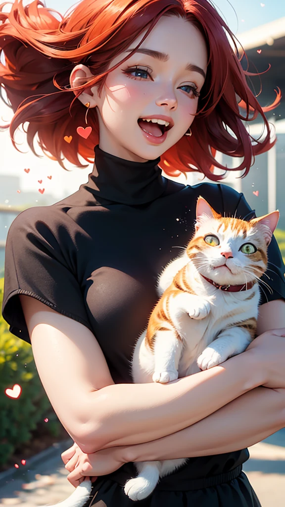 HD, 4K, a girl, Comfortable sweater, Upper body, (huge Laughing:1.1), (open mouth:0.1), (Keep your eyes open:1.3), The sun is dazzling, Bokeh, depth of field, blurred background, light particles, Strong wind, (heart particles:1.1), Red hair, black dress and cute cat