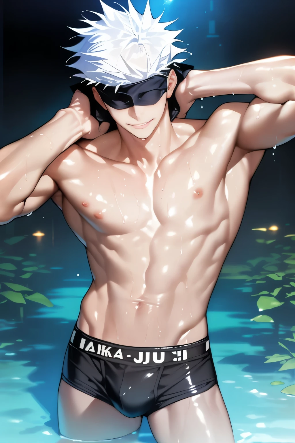 Wearing black swimming trunks、Cartoon boy wearing sunglasses standing in water, Cool anime poses, The handsome guy in Demon Slayer, Tall anime man with blue eyes, muscular!!, Shirtless :: High Detail, Shirtless, Anime handsome man, 4k comics wallpaper, male anime character, Perfect body, Super charming and cool, murata and artgerm series, shining wet skin!!