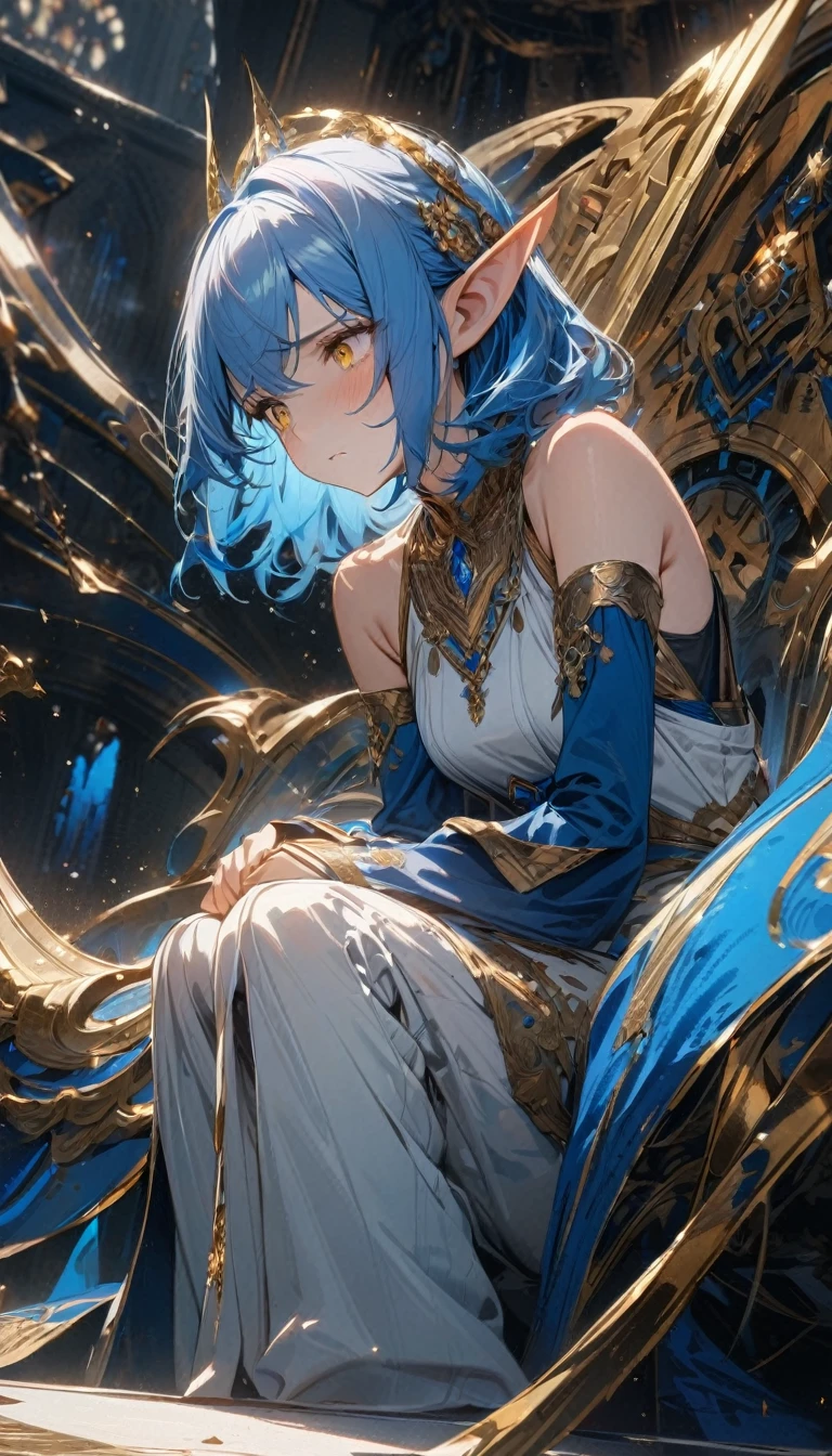young girl, long blue hair, elf ears, yellow eyes, white Indian dress, blue long sleevee, open shoulders, white tight trousers, golden elements, blue elements, blue starqazer veil, sad, Masterpiece, best quality, Full HD, 8k, ultra details, great graphic